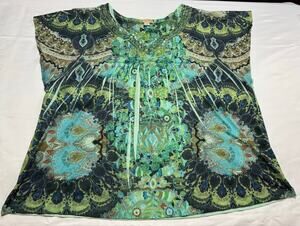 Energe by One World Tunic Top Womens Green Teal Paisley Embellished Boho V-Neck